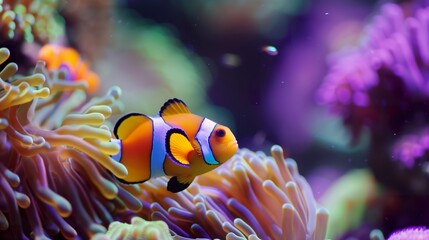 A vibrant clownfish swimming among colorful coral reefs