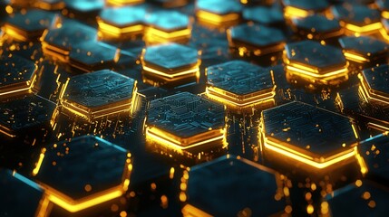 Glowing hexagonal circuitry in teal and gold on a dark background, symbolizing futuristic technology and digital networks. Perfect for innovation, data, and cyber-themed designs.