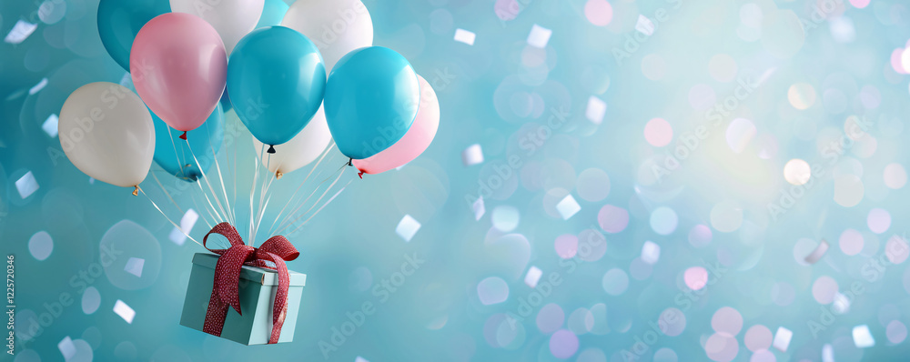 Poster turquoise gift box with a red ribbon floating with colorful balloons on a pastel blue background wit