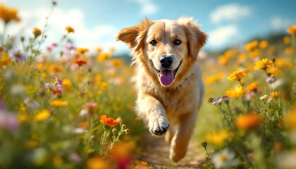 Golden Retriever Running Through Flower Field