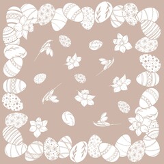 Easter decorative frame with patterns of eggs, daffodils and snowdrops on a bright pink background. Ideal for cards, invitations, holiday decor, packaging, digital backgrounds.
