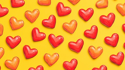 Obraz premium Seamless Red hearts pattern on yellow background Top view flat lay layout Romantic colorful pattern