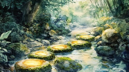 An underwater watercolor reef illuminated by beams of sunlight