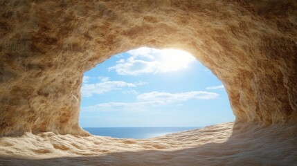 a wide-angle shot from inside a cave, looking out towards the entrance where sunlight streams through