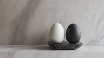 A modern and minimalistic Easter arrangement featuring monochrome eggs on a marble surface