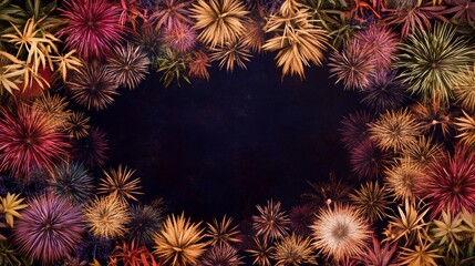 Wide angle Beautiful background fireworks located in the corners Frame of many multicolored fireworks