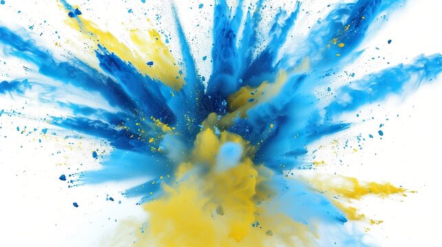 An abstract explosion of blue and yellow powder particles splattered in mid-air against a white background
