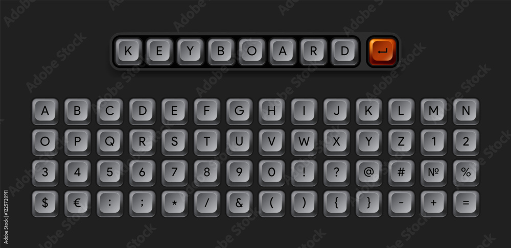 Fototapete 3d keyboard template. Computer key set. English keypad with letters and numbers. Metal letter press buttons. Words collection. PC input pushbuttons. Vector illustration