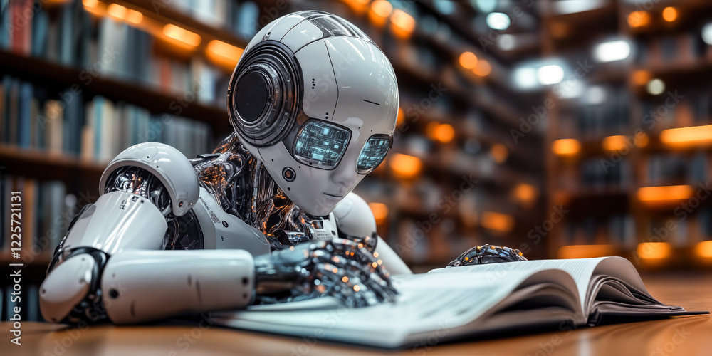 Poster ai robot reading in library demonstrating advanced content creation and transcription technology