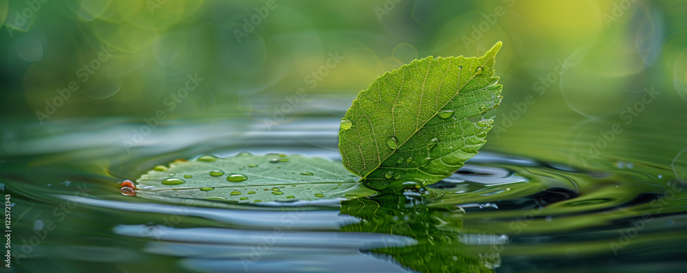 Aufkleber green leaf with water drops is peacefully floating on a water surface creating ripples