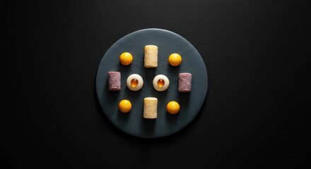 Geometric dessert arrangement on black plate with colorful sweets and fruits