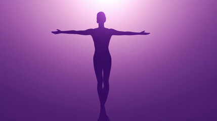 A standing silhouette of a figure with arms outstretched, against a deep solid lavender background, the figure outlined by a soft