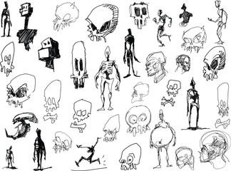 many hand drawn sketches skulls nad scary horror creatures and beasts