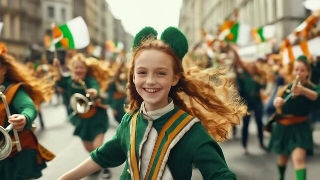 Joyful girl in green costume celebrates energetic parade with irish flags and cheerful crowd