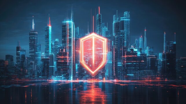 A glowing red shield protecting a futuristic neon cityscape.