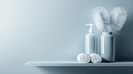 A shelf with a white vase and two bottles of shampoo and conditioner