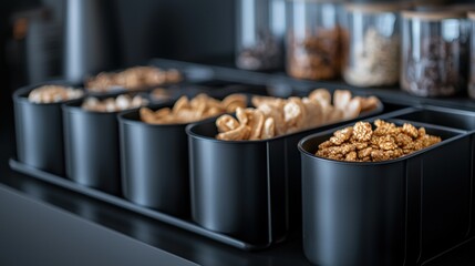 A black tray with several bowls of different types of snacks