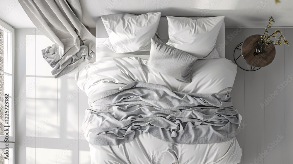 Poster Sunlight streaming through window and illuminating minimalist bedroom with gray blanket