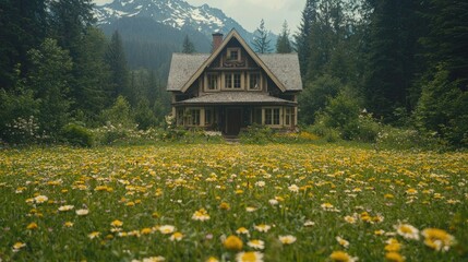 Fototapeta premium Mountain cabin, wildflowers, scenic valley. Perfect for travel brochure