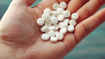 Human hand with white pills in the palm Medical concept for the treatment of diseases with drugs Vitamins for every day Many pills in hand with antibiotics Pill in hand close up