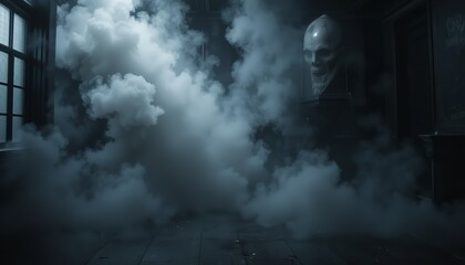 Spooky Dark Room Mysterious Skull Horror Scene Foggy Atmosphere Halloween Background Creepy Haunted House Digital Art 3D Render   