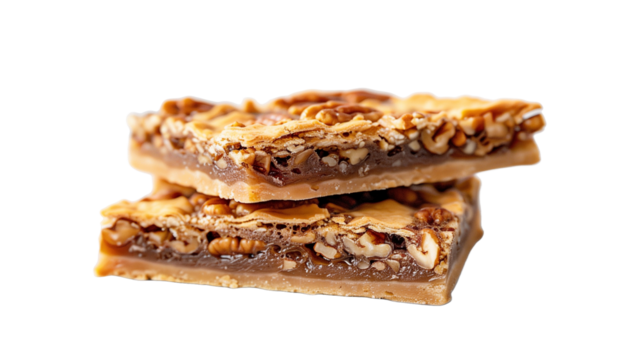 Pecan pie bars, stacked on top of each other, food photography, delicious, mouthwatering. Mockup for national pecan month, delicious sweet food, transparent background. Design element for poster, bann