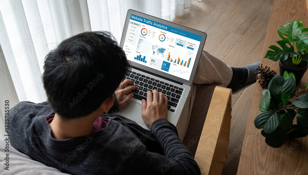 Poster computer software for website traffic analytics data on computer screen. concept of seo search engin