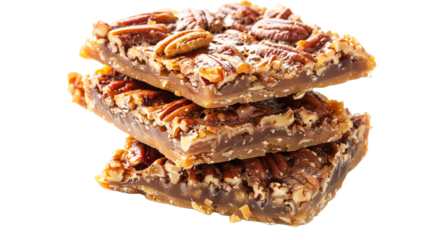Pecan pie bars, stacked on top of each other, food photography, delicious, mouthwatering. Mockup for national pecan month, delicious sweet food, transparent background. Design element for poster, bann