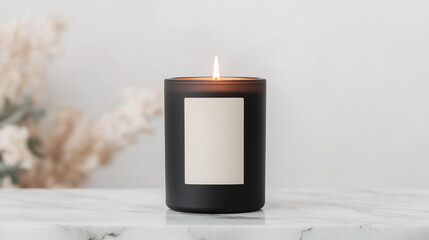 A luxury candle with monochrome packaging, featuring a sleek black jar paired with a white label and minimalist gold accents. Styled elegantly on a marble surface, this refined design exudes sophistic