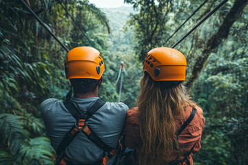 Two adventurers wearing helmets and harnesses zipline through a dense rainforest, surrounded by misty greenery and tropical trees.