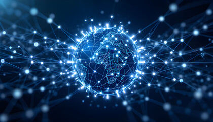 Obraz premium Global Technology Network for Worldwide Connectivity and Digital Communication A futuristic concept showcasing global networks, cyberspace innovation, and international business communication across t
