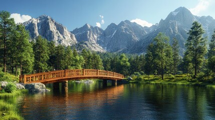 Wooden bridge, mountain lake, serene landscape, travel poster