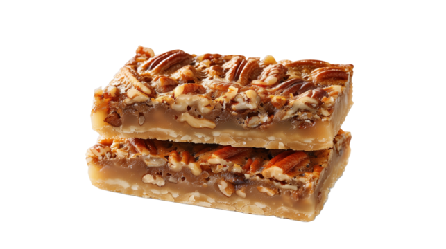 Pecan pie bars, stacked on top of each other, food photography, delicious, mouthwatering. Mockup for national pecan month, delicious sweet food, transparent background. Design element for poster, bann