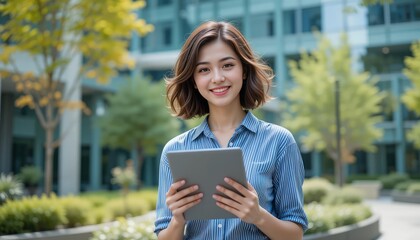 Fototapeta premium Beautiful, young businesswoman using a digital tablet and enjoying in the city