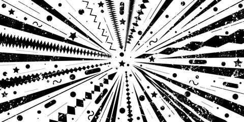 Abstract black and white retro rays. Circus background with faded paper effect and scuffs. Grunge and vintage wallpaper. Vector hand drawn illustration for banners, wallpaper, textile, wrapping	