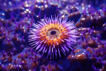 Fototapeta premium Colorful Paracentrotus lividus Sea Urchin Close-up in Underwater Scene. Mediterranean Reef's Marine Life and Close Background Details