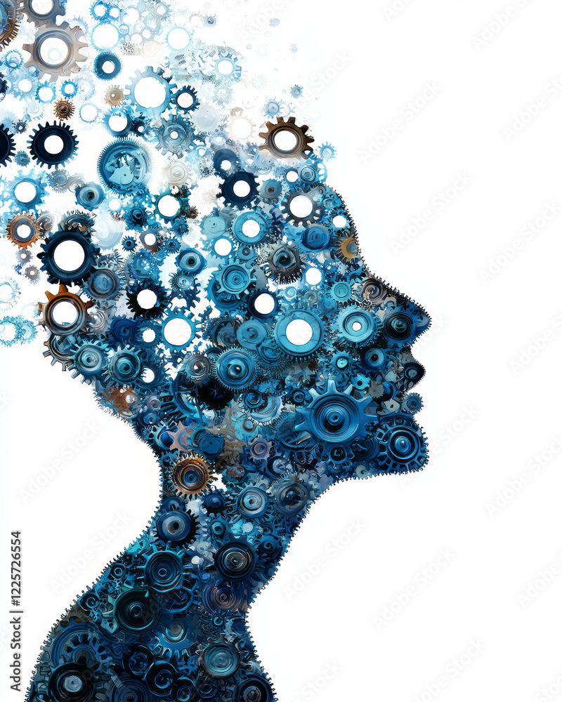 Poster A head silhouette filled with interlocking gears, each one shining with light, emphasizing the harmony and force of cognition,