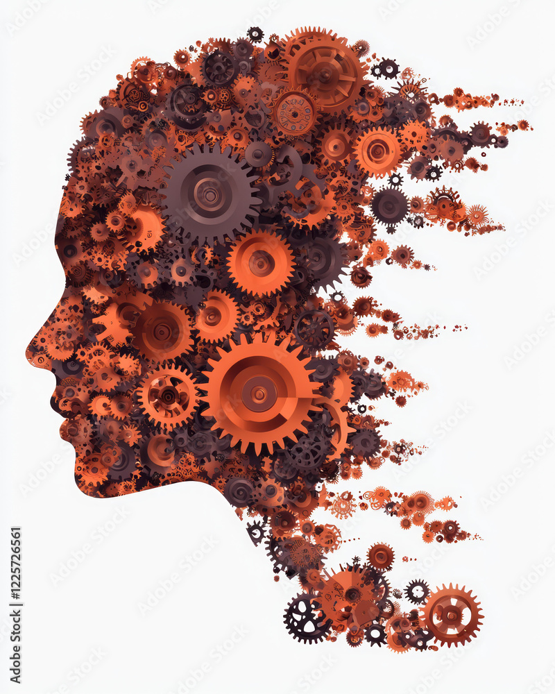 Poster A head silhouette filled with interlocking gears, each one shining with light, emphasizing the harmony and force of cognition,