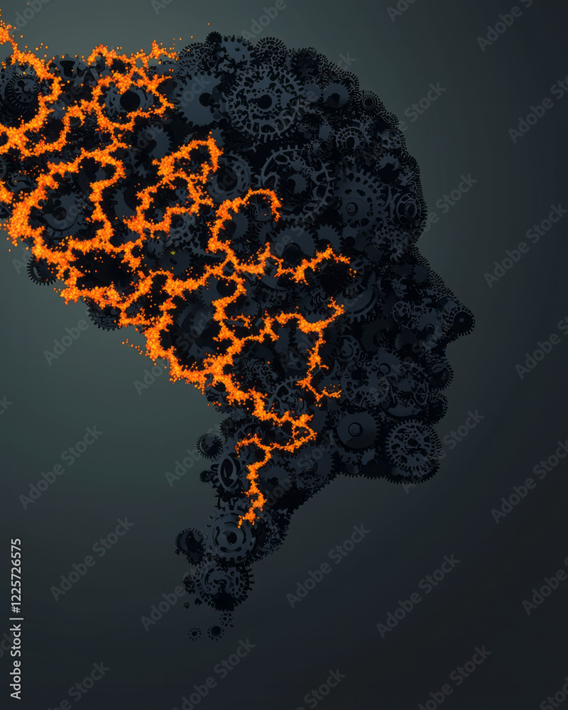 Poster A head silhouette filled with interlocking gears, each one shining with light, emphasizing the harmony and force of cognition,