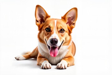 Friendly corgi lying on a white background, showcasing joy and companionship, illustration concept.