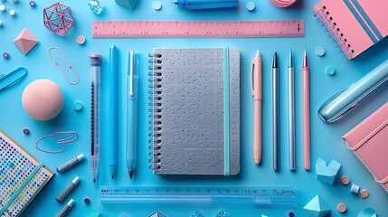 Colorful stationery on blue background, modern office supplies, vibrant school tools, creative flat lay, organized pastel workspace, bright desk accessories, trendy aesthetic design

