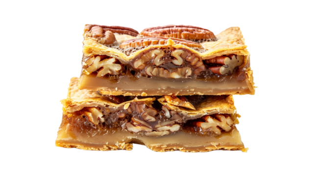 Pecan pie bars, stacked on top of each other, food photography, delicious, mouthwatering. Mockup for national pecan month, delicious sweet food, transparent background. Design element for poster, bann