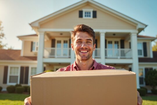 Young adult man smiling while carrying a cardboard box in front of an elegant house on a sunny day, concept of happiness and homeownership.