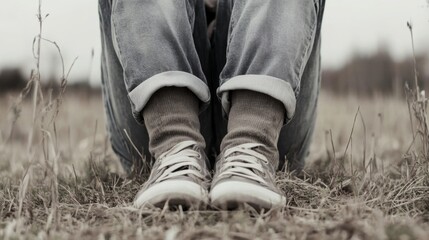 Close-up of person's legs in jeans and canvas shoes sitting in dry grass.