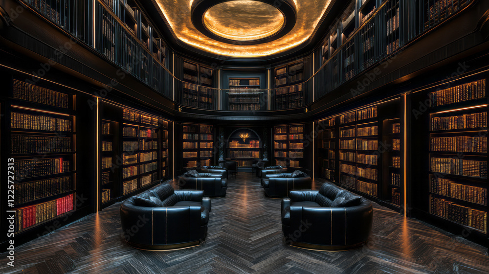 Poster an intimate library lined with rare leather-bound books, illuminated by a dramatic chandelier that b
