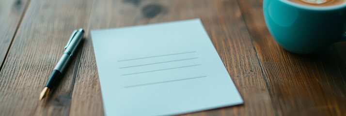 A close-up of a resignation letter lying on a desk beside a pen and a lukewarm cup of coffee,