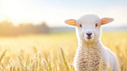 Obraz premium Lamb in wheat field at sunrise, idyllic rural scene, spring
