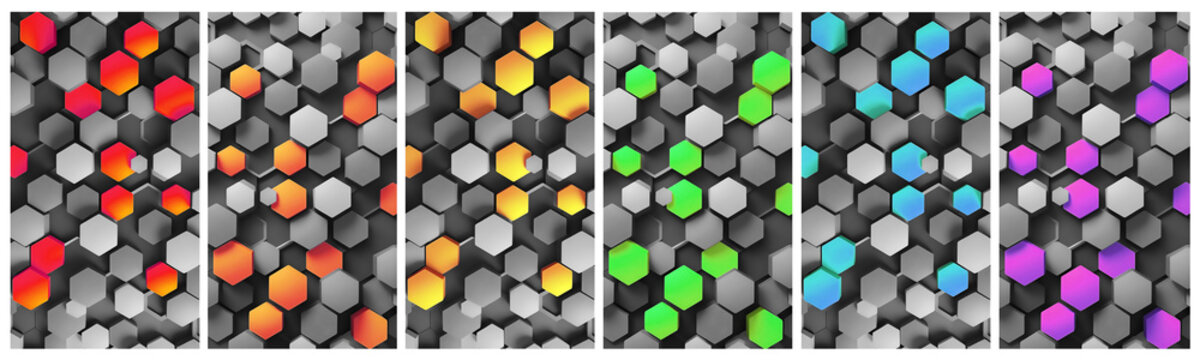 set of modern abstract colorful backgrounds with 3d vibrant hexagon shapes