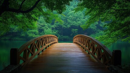 Fototapeta premium Wooden bridge, tranquil lake, green forest, mist, serenity