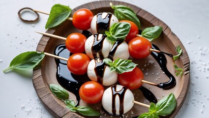 A keto caprese salad skewer featuring cherry tomatoes, mozzarella balls, basil leaves, and balsamic glaze, styled on a serving tray